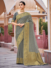 Grey Organza Silk Woven Saree