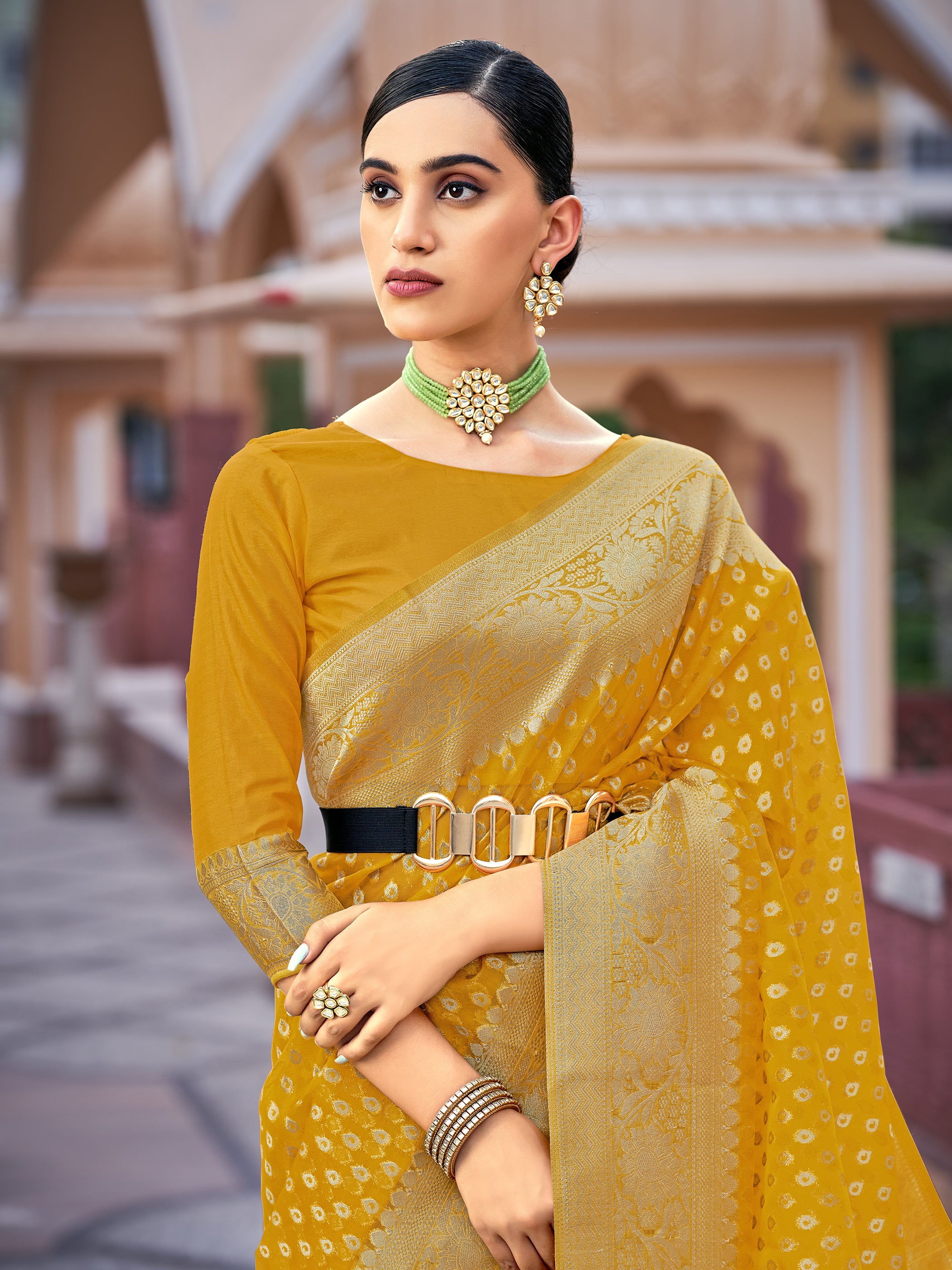 Yellow Organza Silk Woven Saree