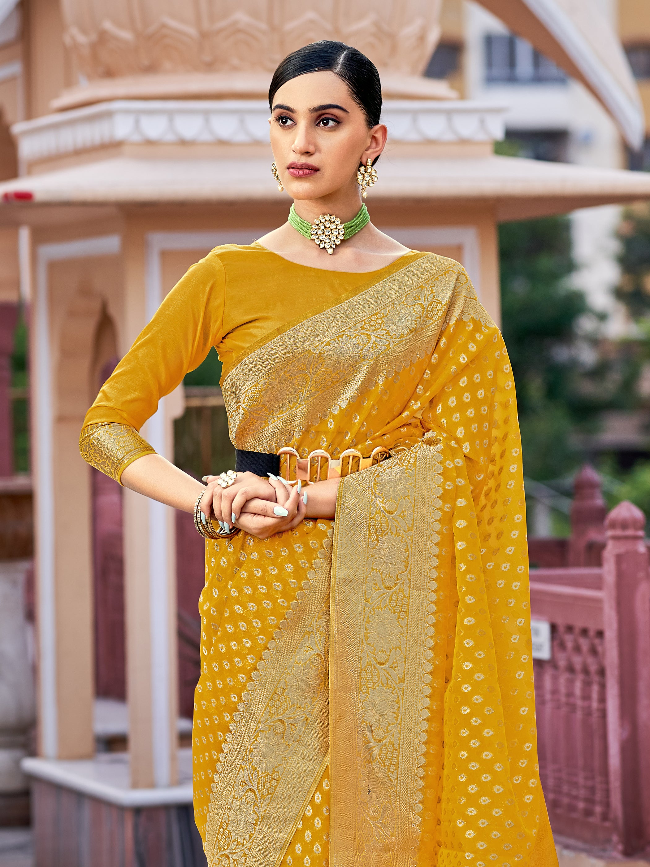 Yellow Organza Silk Woven Saree