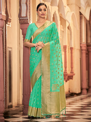 Teal Organza Silk Woven Saree