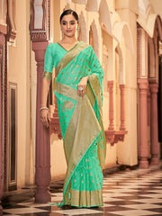 Teal Organza Silk Woven Saree