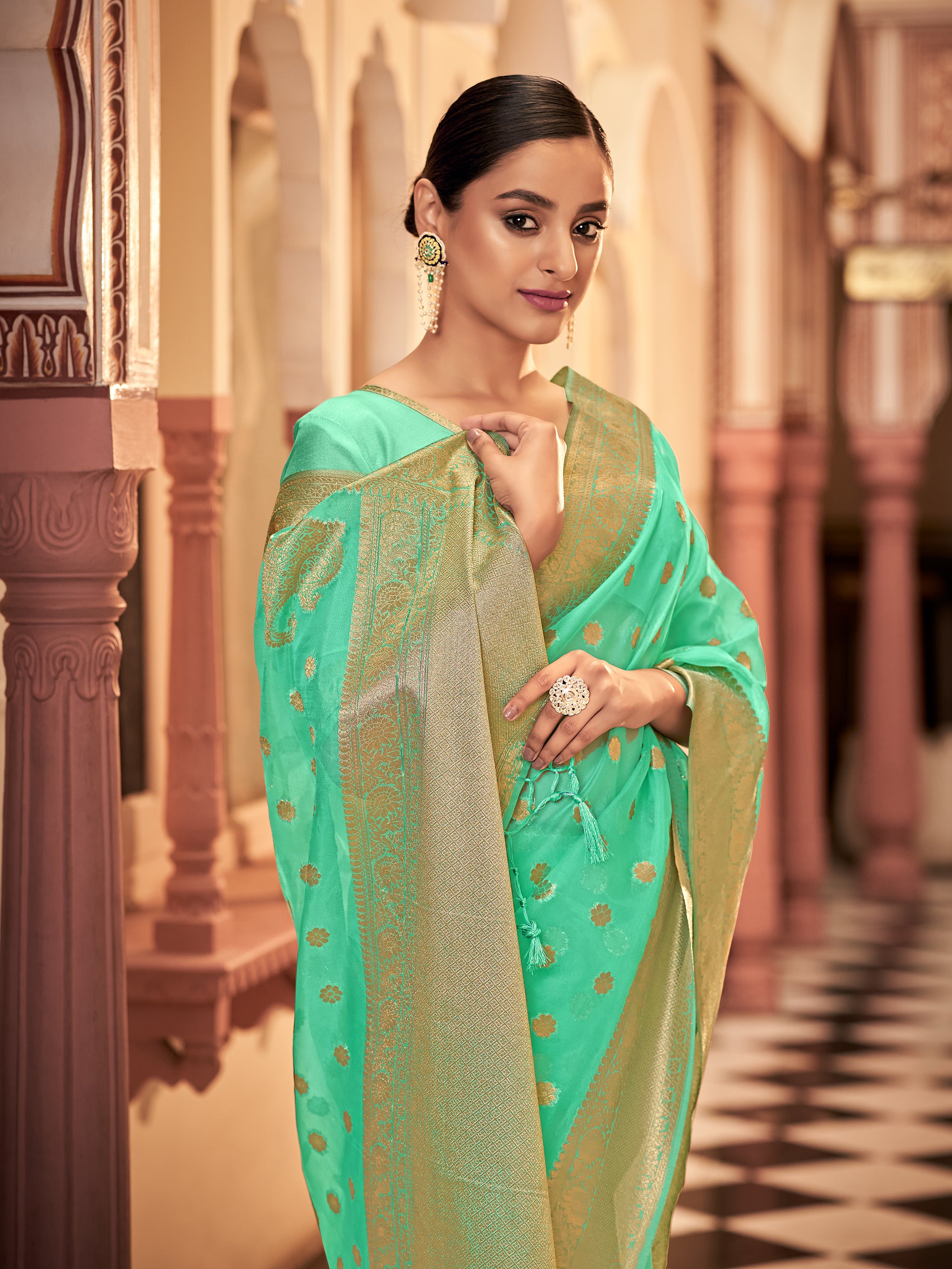 Teal Organza Silk Woven Saree