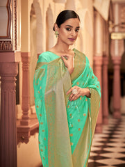 Teal Organza Silk Woven Saree