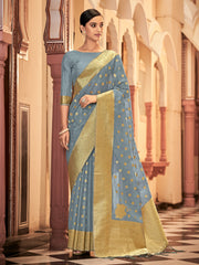 Grey Organza Silk Woven Saree