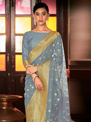 Grey Organza Silk Woven Saree