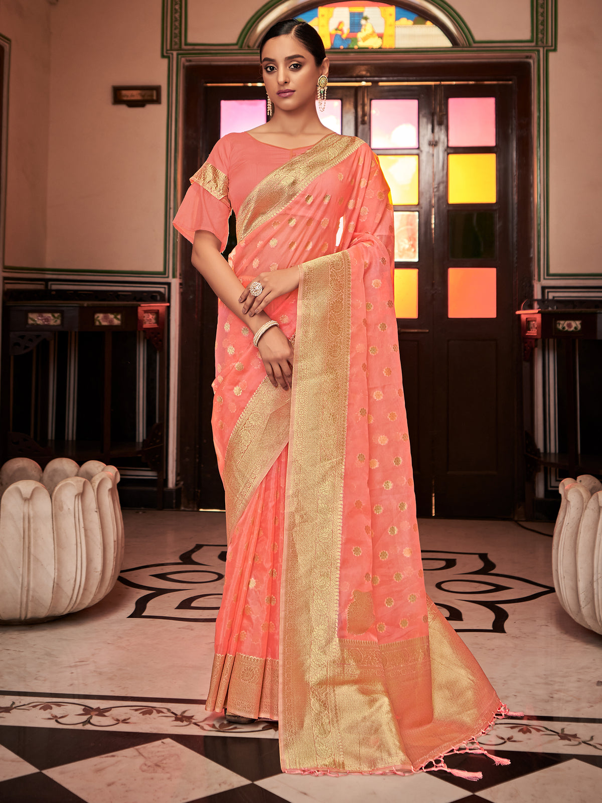 Coral Pink Organza Silk Woven Saree