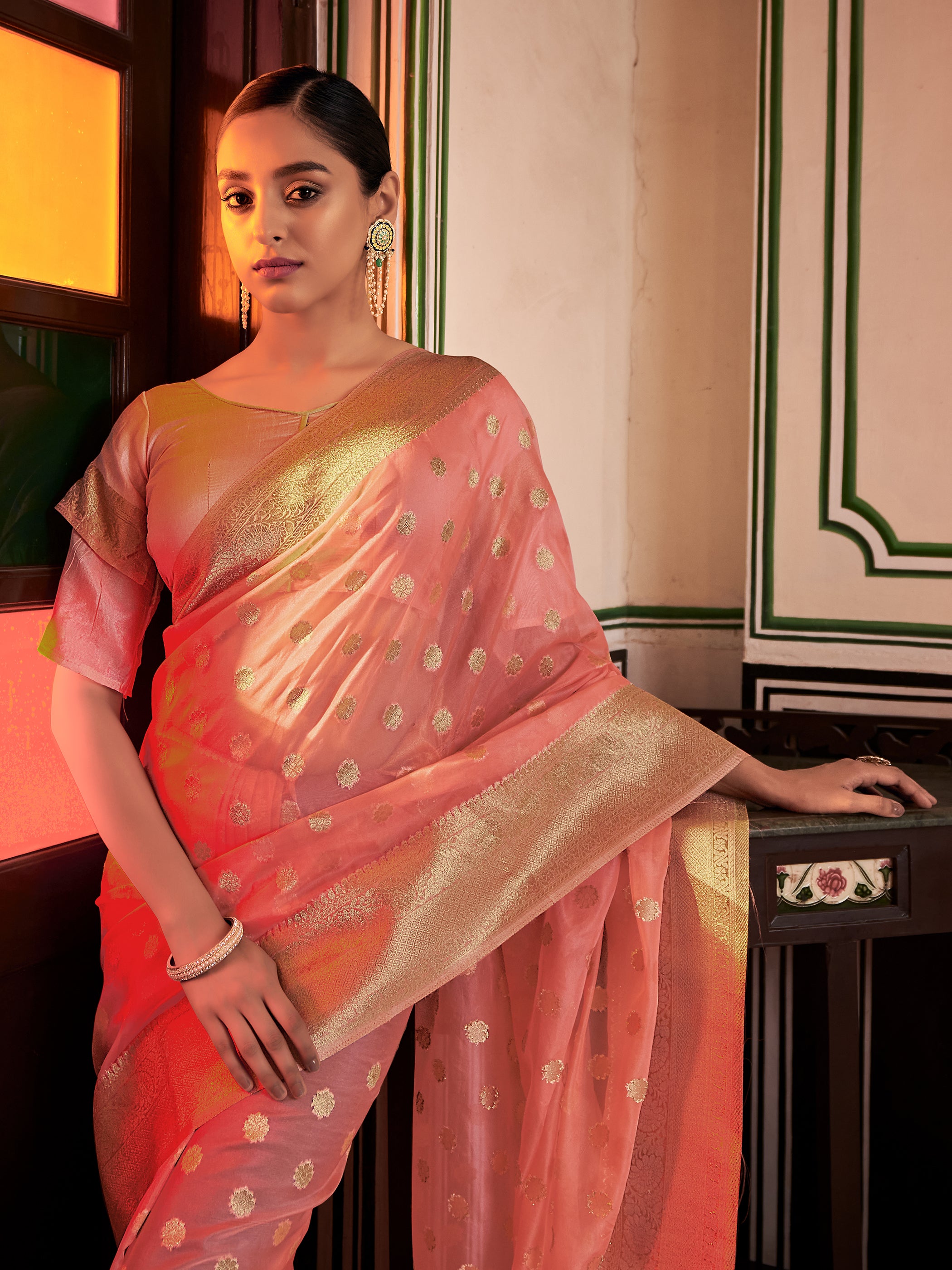 Coral Pink Organza Silk Woven Saree