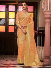 Peach Organza Silk Woven Saree