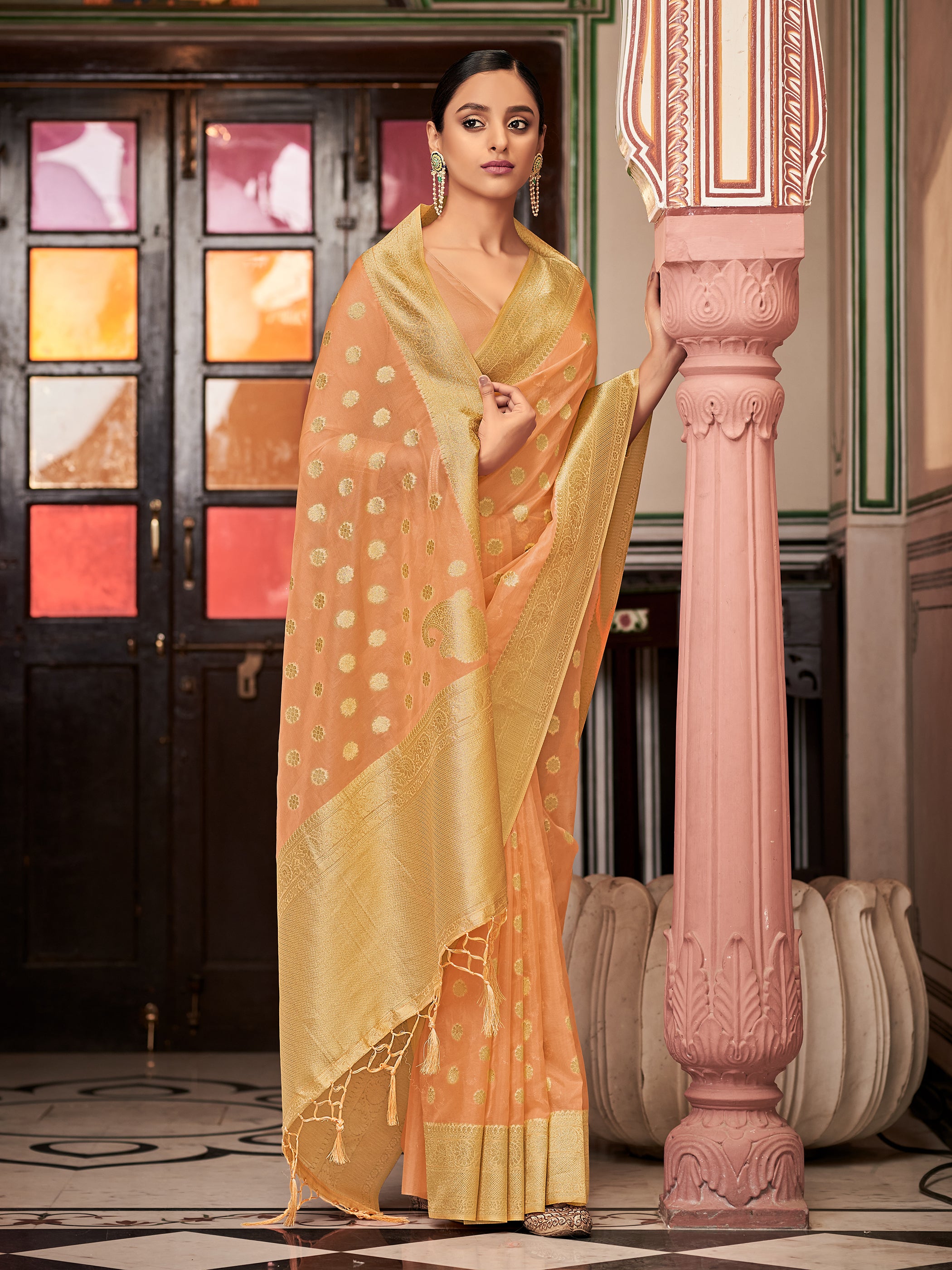 Peach Organza Silk Woven Saree