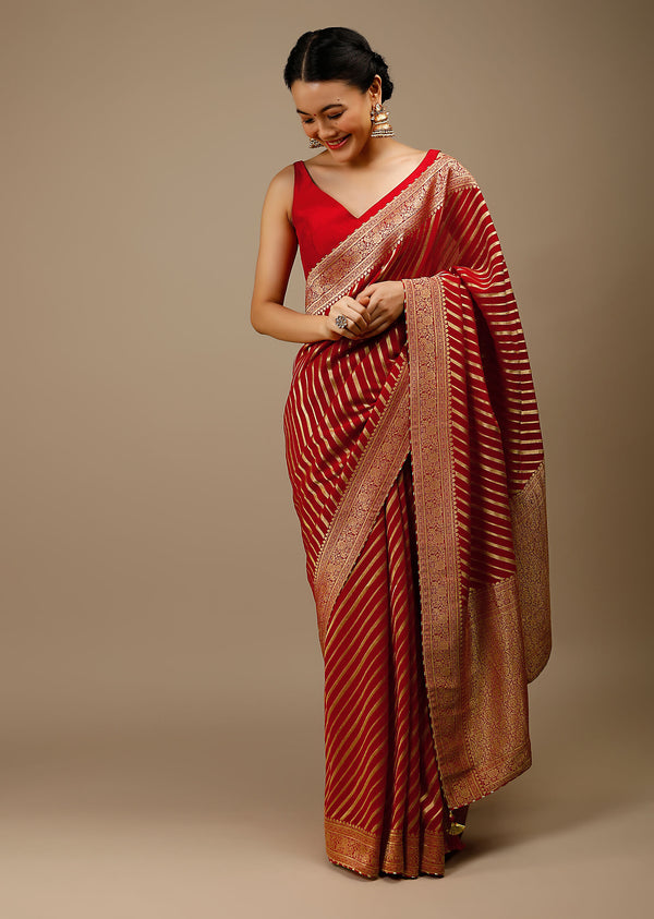 Designer SareeRedColorBanarasi Art SilkWovenSaree ForEngagement