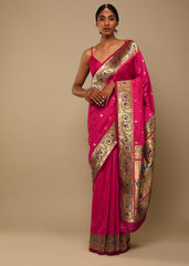 Sari tissé en soie d'art Banarasi rose