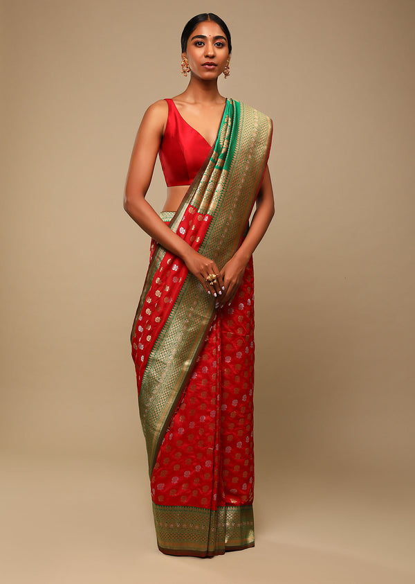 Designer SareeRedColorBanarasi Art SilkWovenSaree ForEngagement