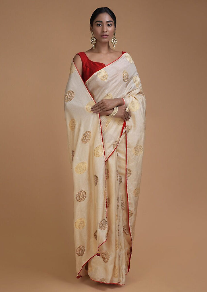 Designer SareeOff WhiteColorBanarasi Art SilkWovenSaree ForEngagement