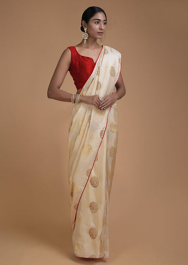 Designer SareeOff WhiteColorBanarasi Art SilkWovenSaree ForEngagement