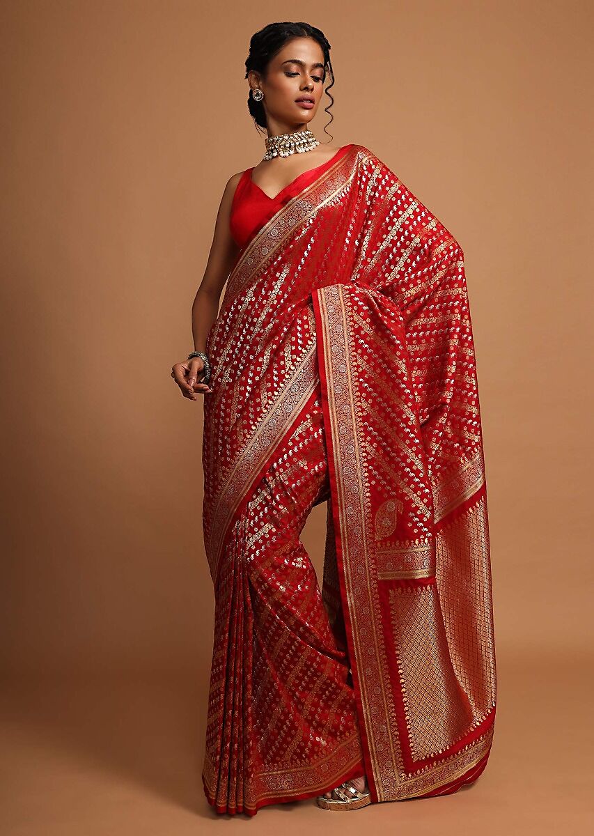 Designer SareeRedColorBanarasi Art SilkWovenSaree ForEngagement