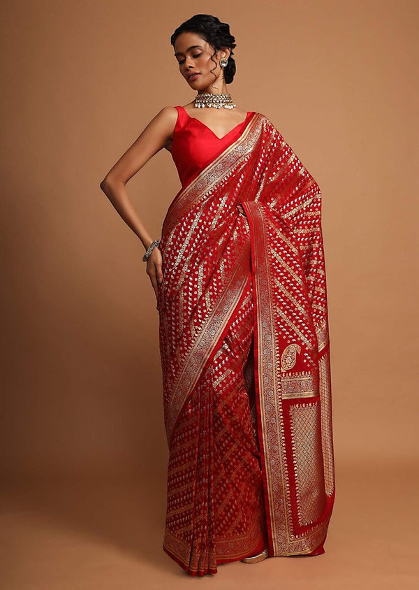 Designer SareeRedColorBanarasi Art SilkWovenSaree ForEngagement