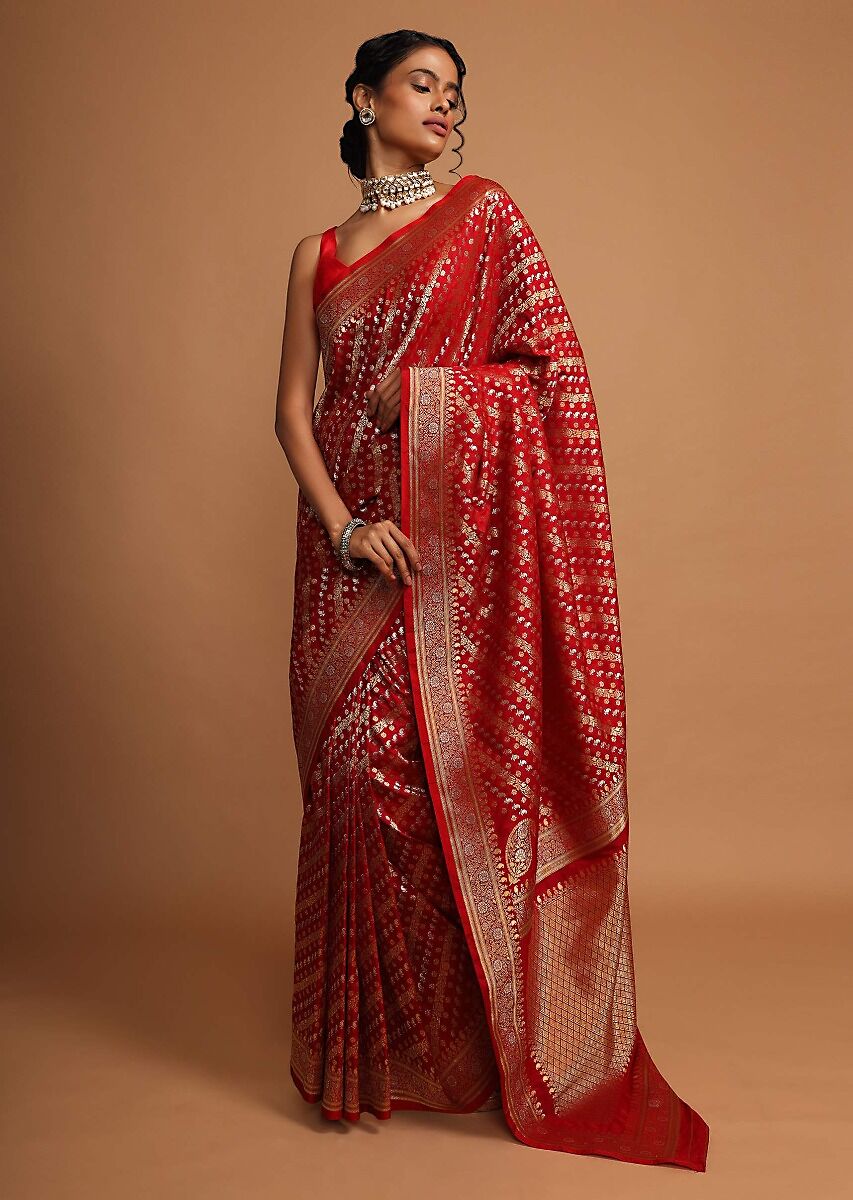 Designer SareeRedColorBanarasi Art SilkWovenSaree ForEngagement