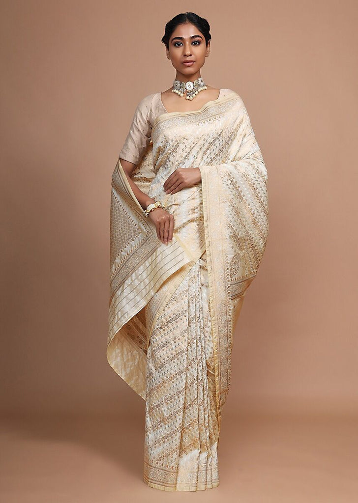 Designer SareeCreamColorBanarasi Art SilkWovenSaree ForEngagement