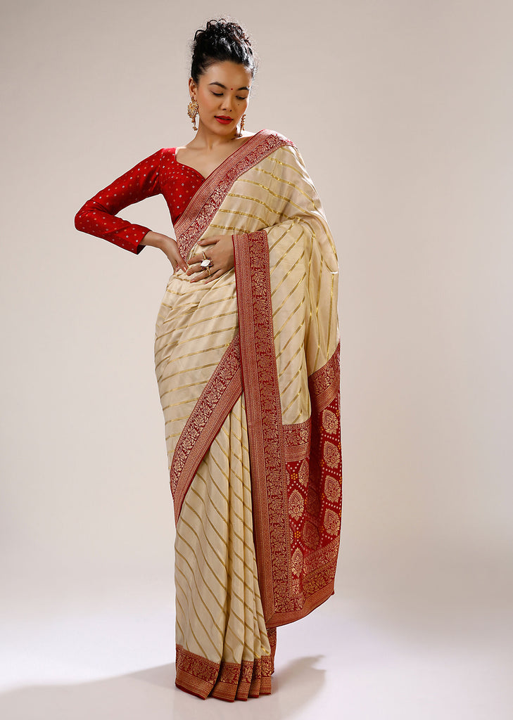 Designer SareeOff WhiteColorBanarasi Art SilkWovenSaree ForEngagement