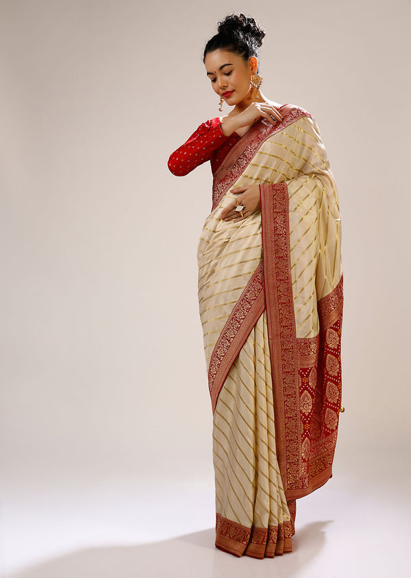 Designer SareeOff WhiteColorBanarasi Art SilkWovenSaree ForEngagement