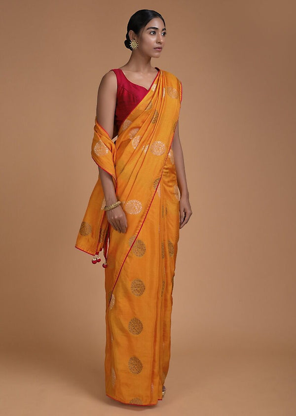 Designer SareeMustardColorBanarasi Art SilkWovenSaree ForEngagement