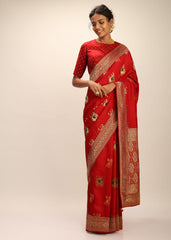 Designer SareeRedColorBanarasi Art SilkWovenSaree ForEngagement