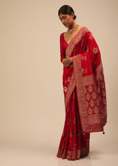 Designer SareeRedColorBanarasi Art SilkWovenSaree ForEngagement