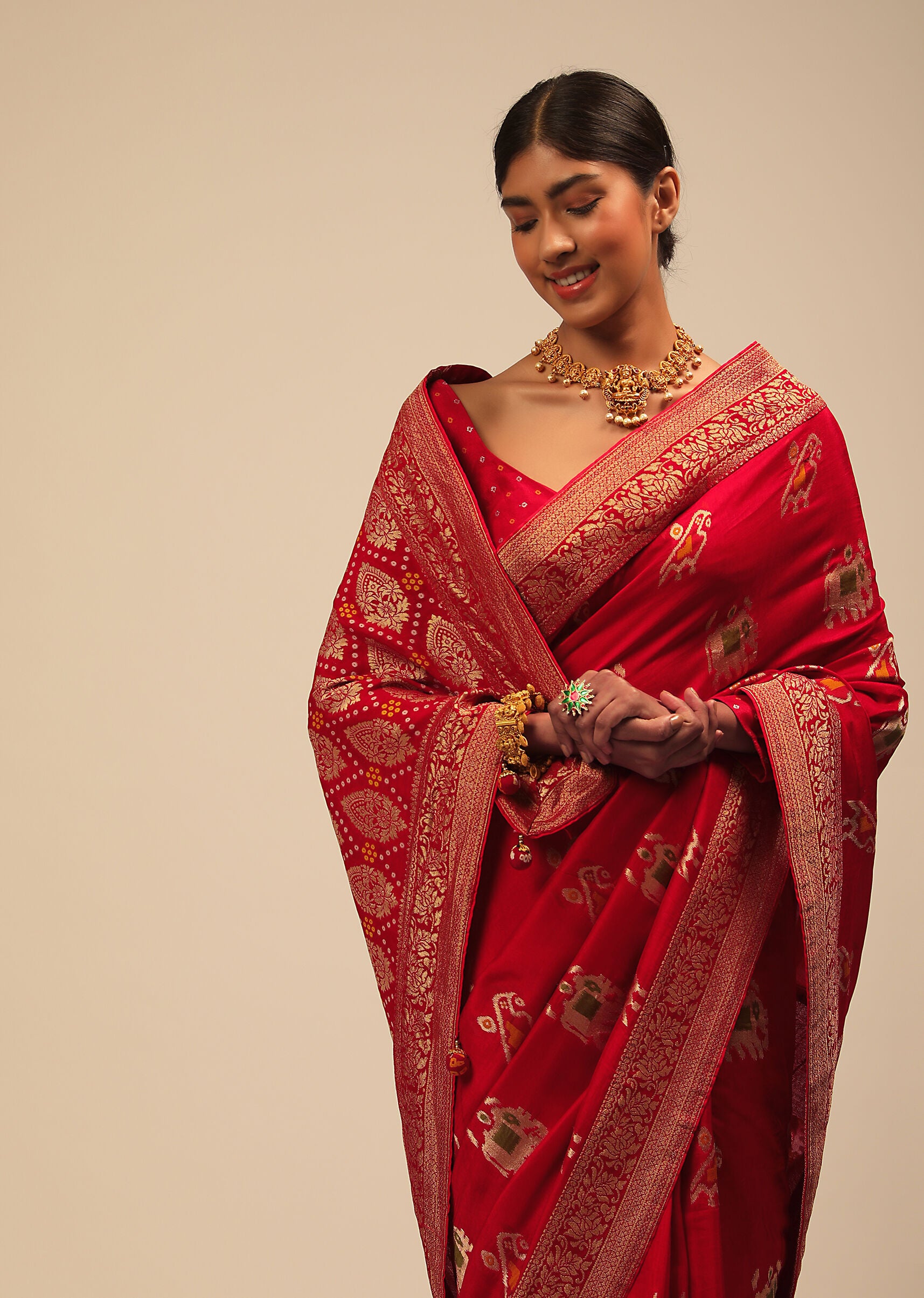 Designer SareeRedColorBanarasi Art SilkWovenSaree ForEngagement