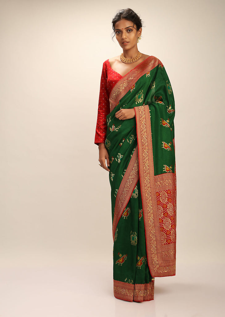 Designer SareeDark GreenColorBanarasi Art SilkWovenSaree ForEngagement