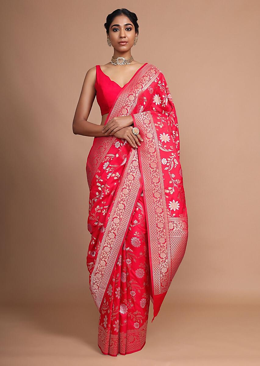 Designer SareeRedColorBanarasi Art SilkWovenSaree ForEngagement