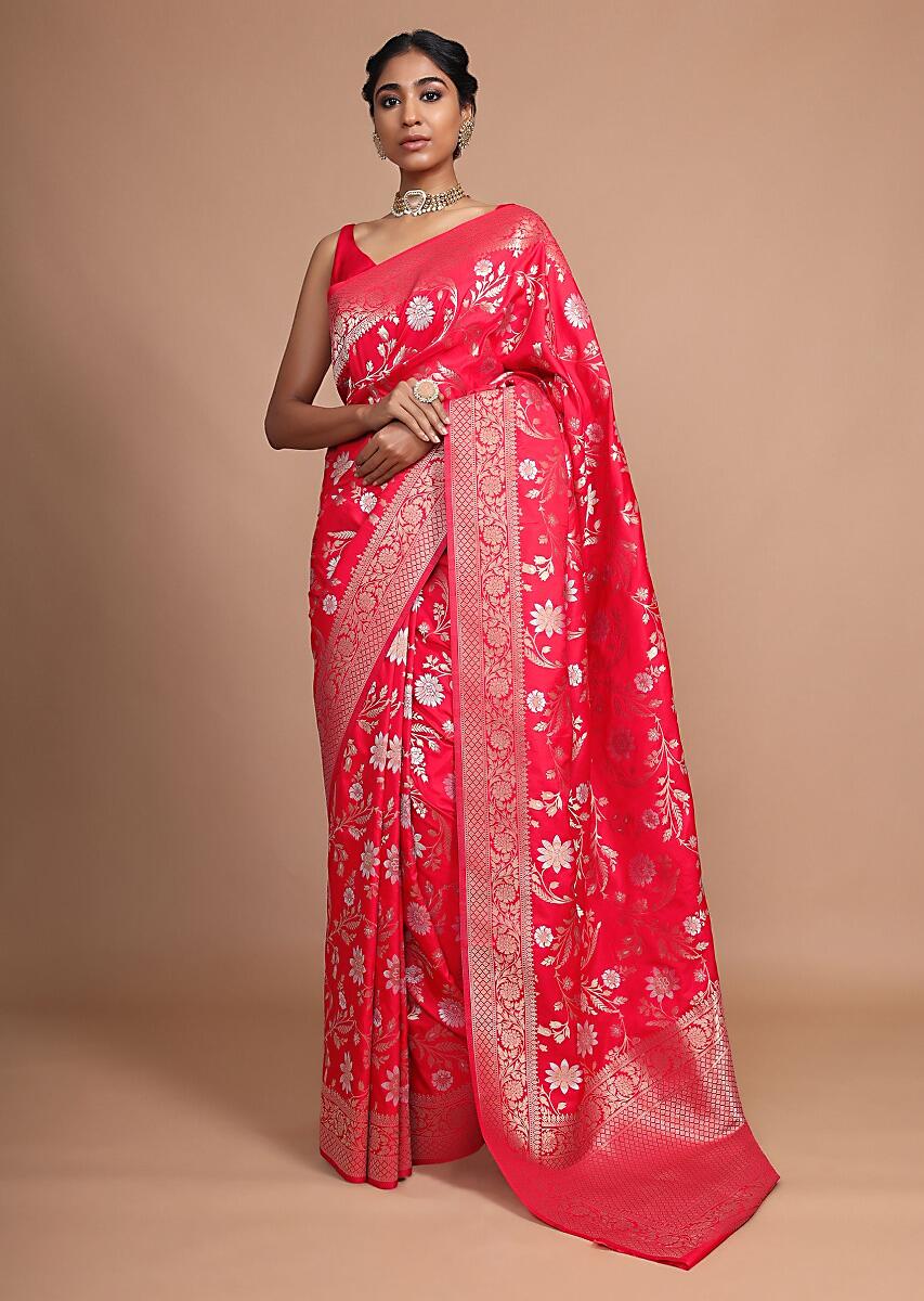 Designer SareeRedColorBanarasi Art SilkWovenSaree ForEngagement