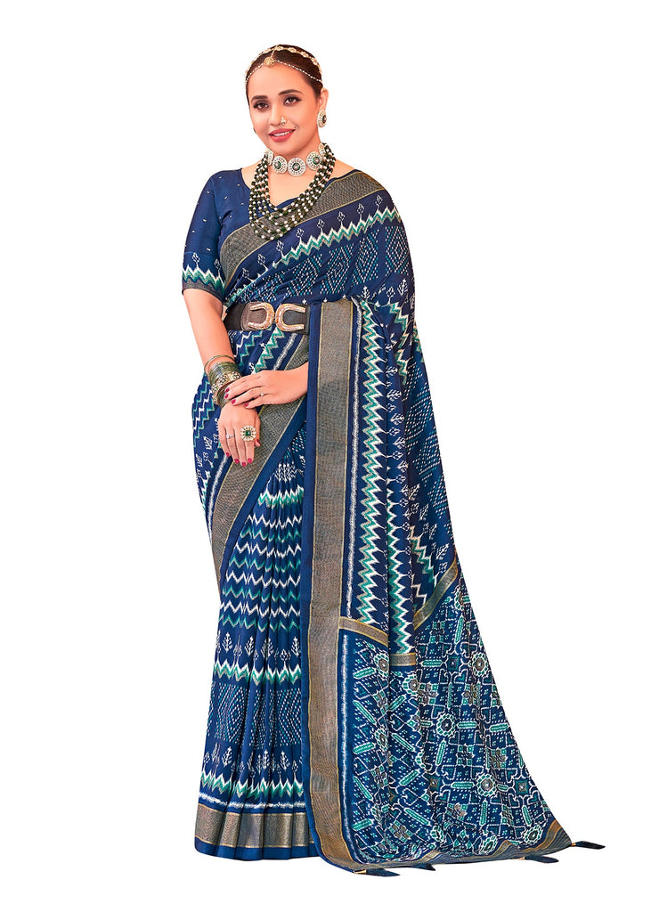 Traditional Ethnicwear Blue Silk Cotton Foil Printed Saree