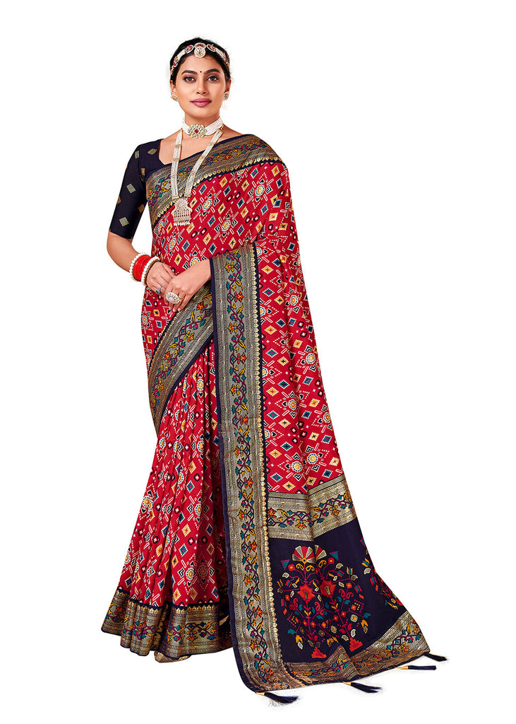 Traditional Ethnicwear Red Silk Cotton Foil Printed Saree