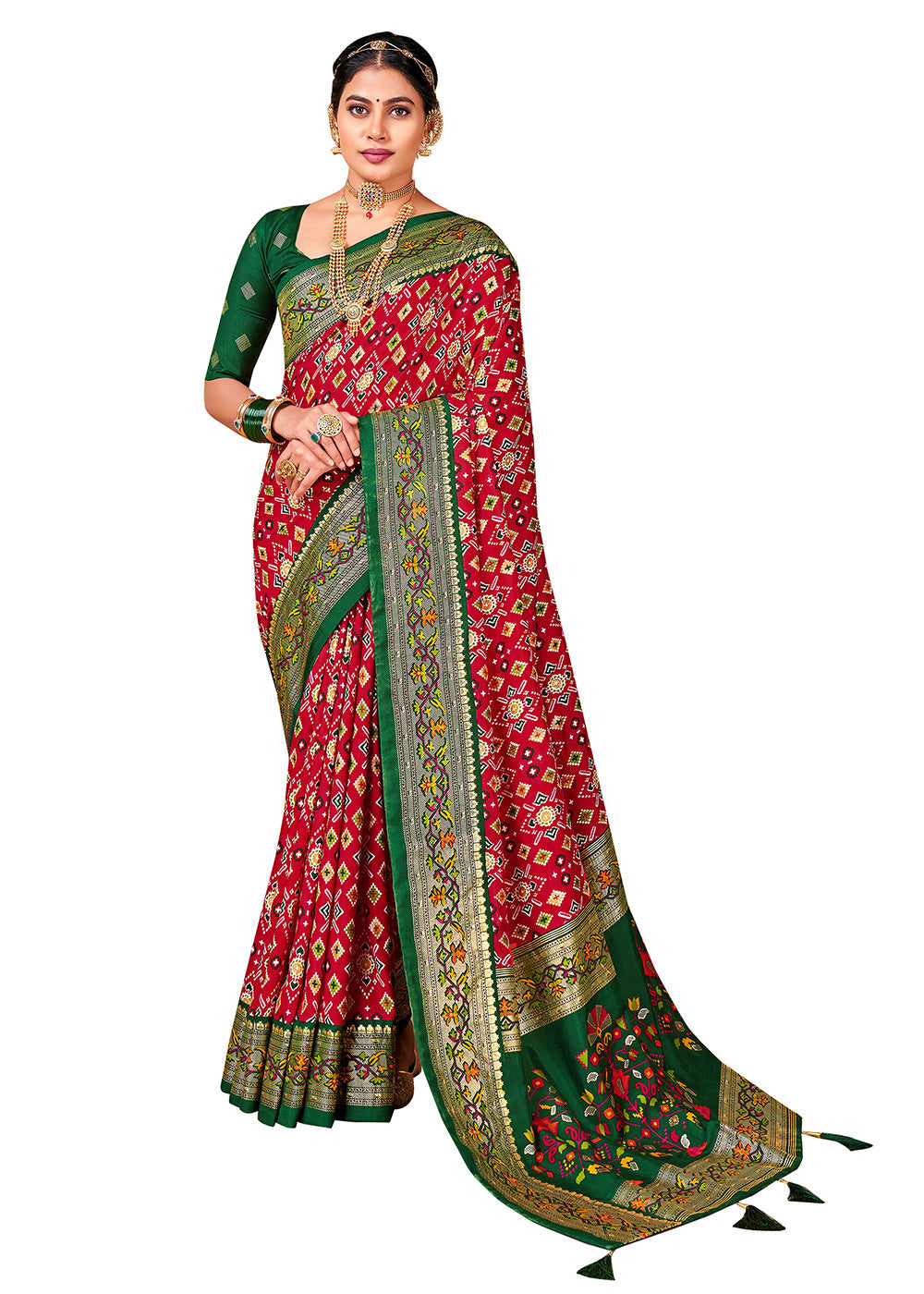 Sari traditionnel ethnique en soie et coton rouge imprimé