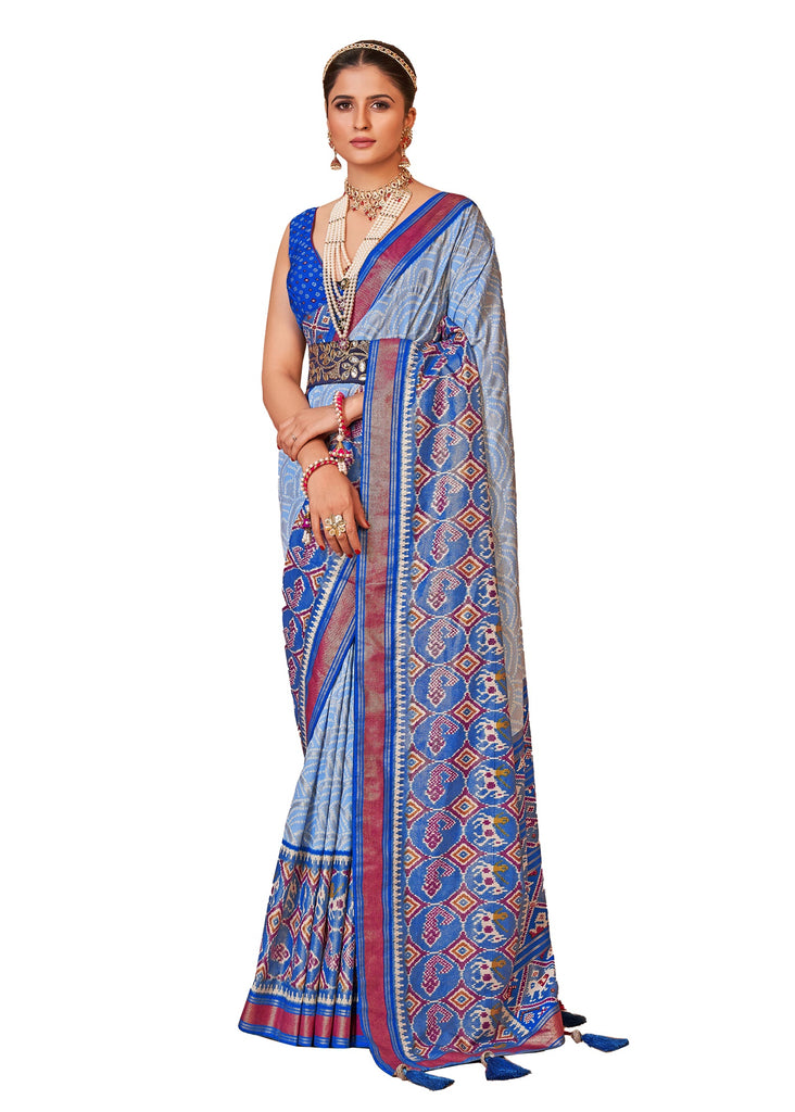 Traditional Ethnicwear Blue Silk Cotton Foil Printed Saree