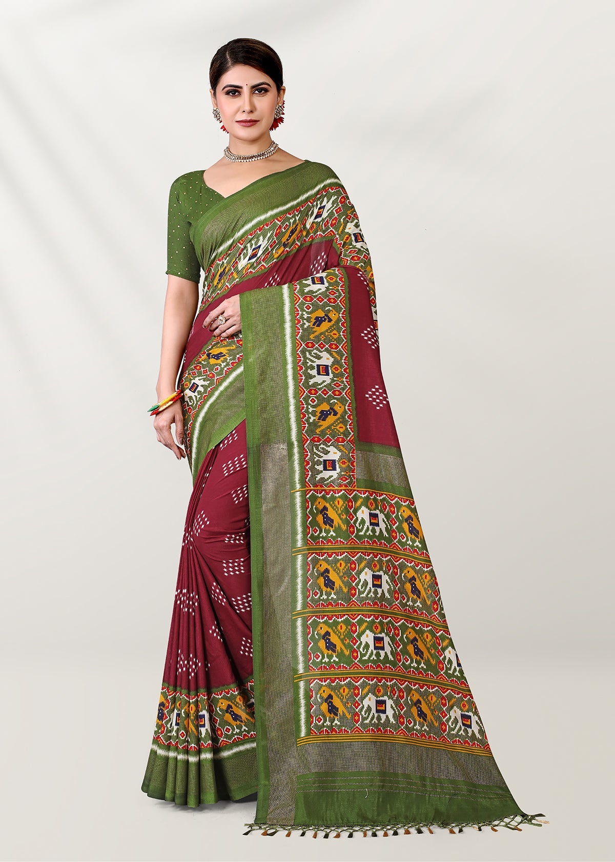 Maroon Silk Cotton Foil Printed Saree