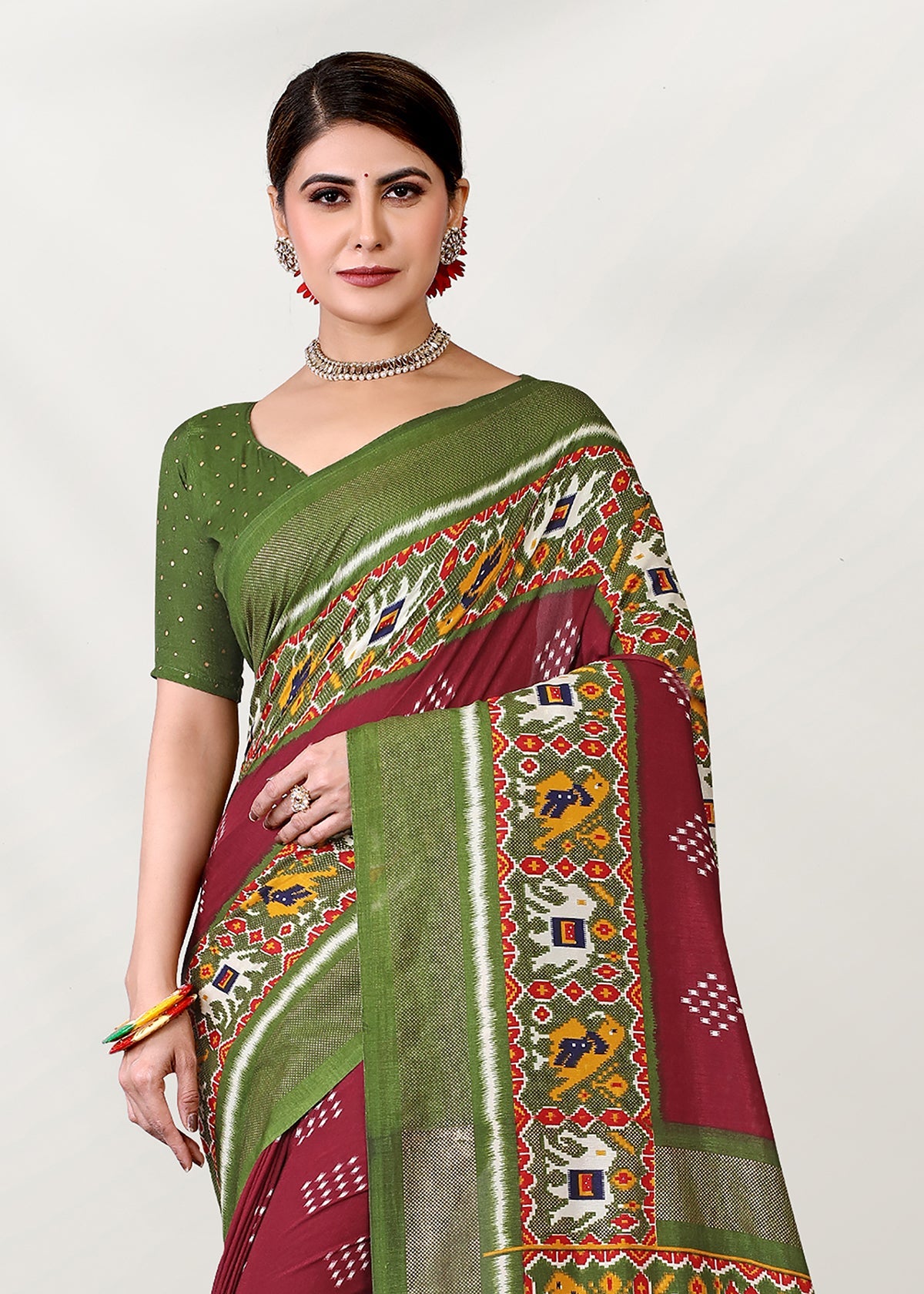 Maroon Silk Cotton Foil Printed Saree