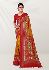 Yellow Silk Cotton Foil Printed Saree