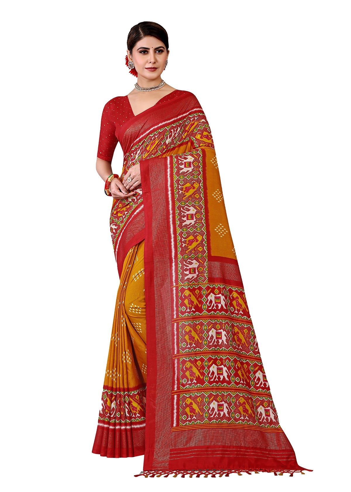 Yellow Silk Cotton Foil Printed Saree