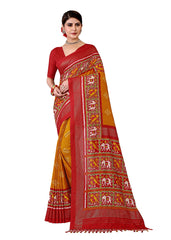 Yellow Silk Cotton Foil Printed Saree