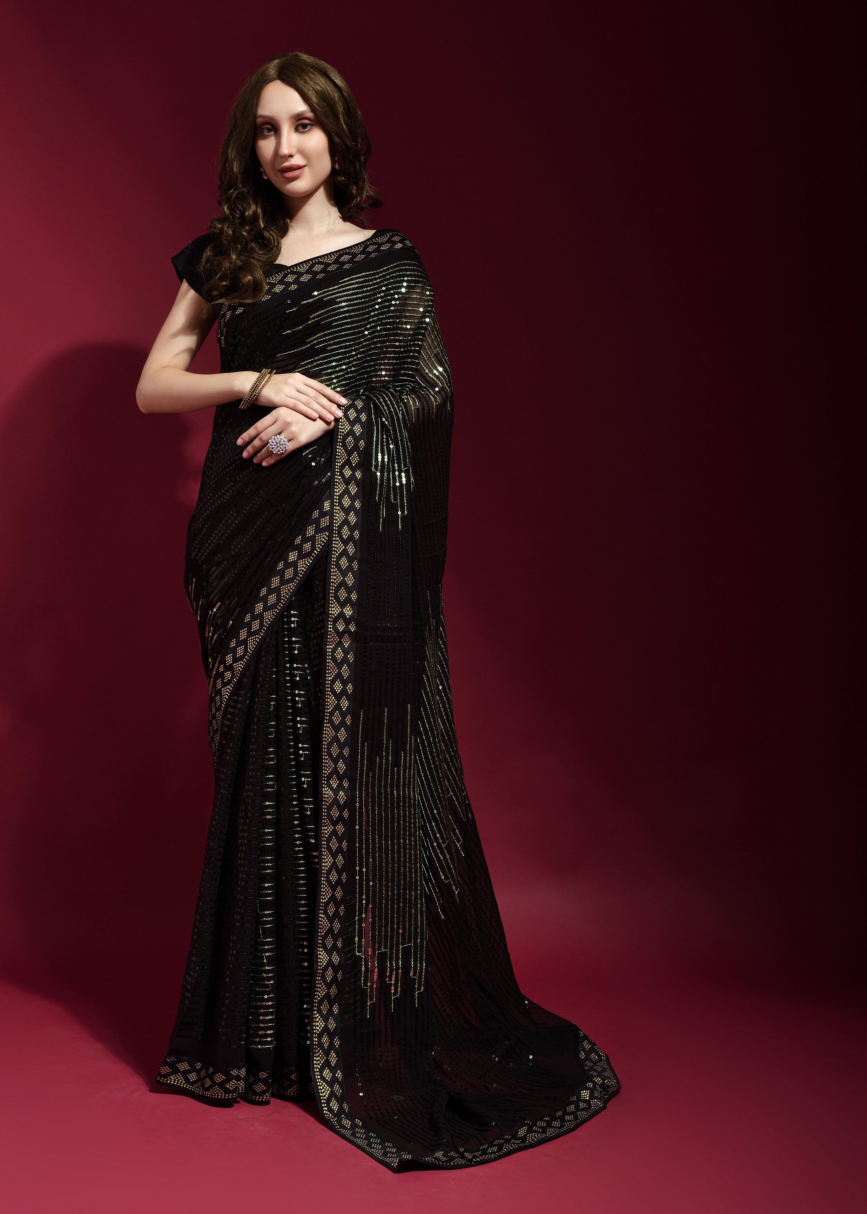 Black Faux Georgette Sequin Embroidery Saree