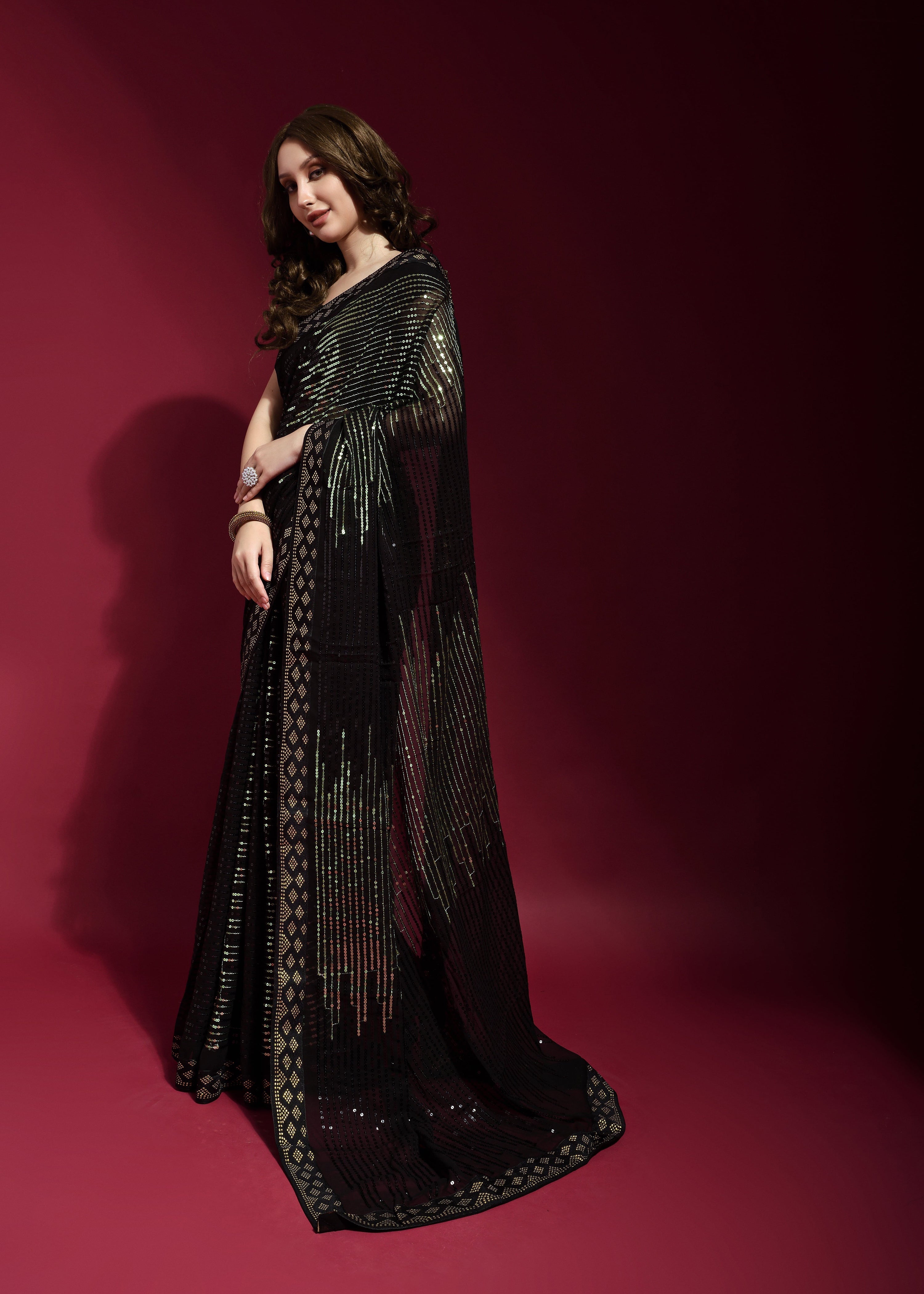 Black Faux Georgette Sequin Embroidery Saree