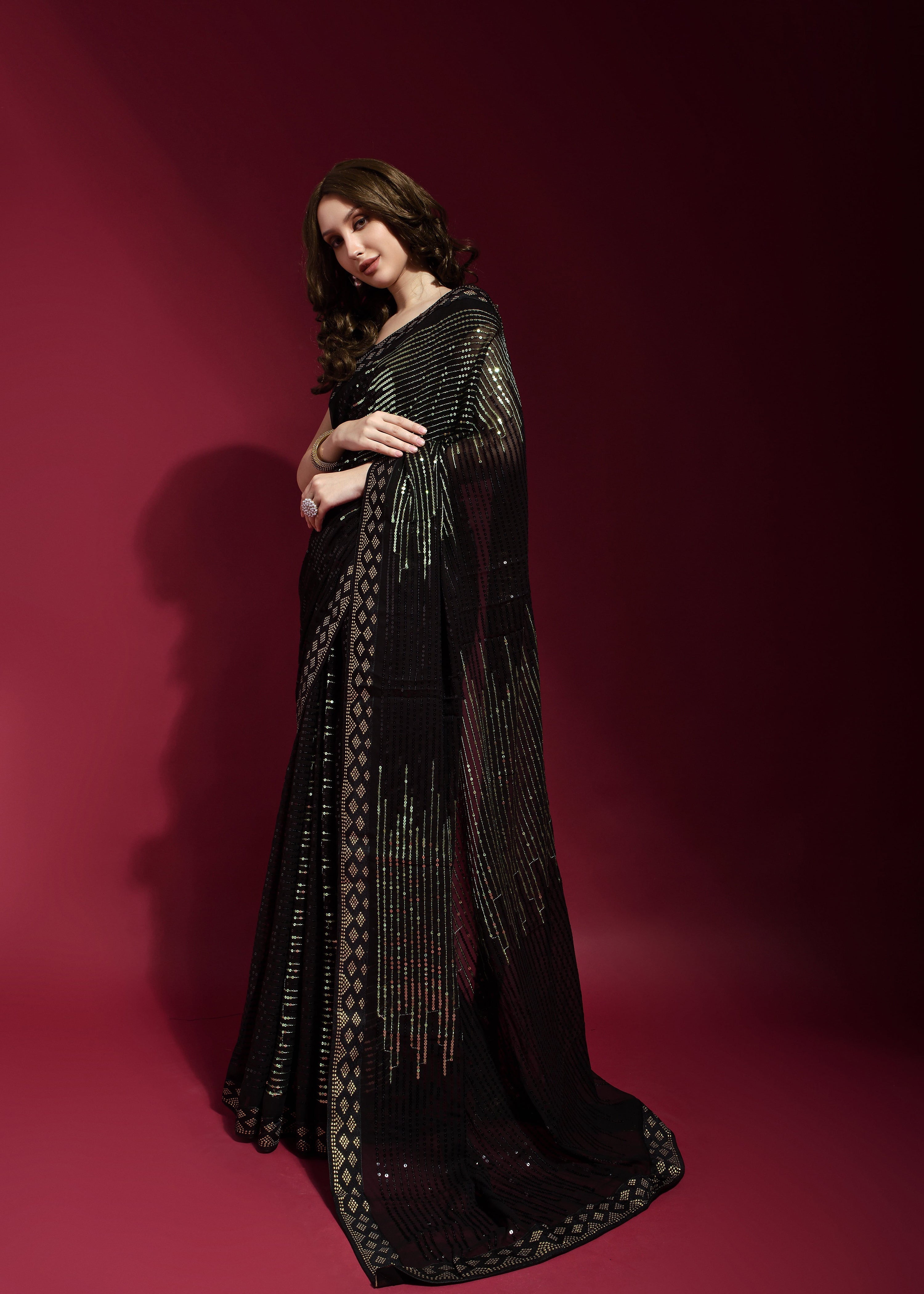 Black Faux Georgette Sequin Embroidery Saree