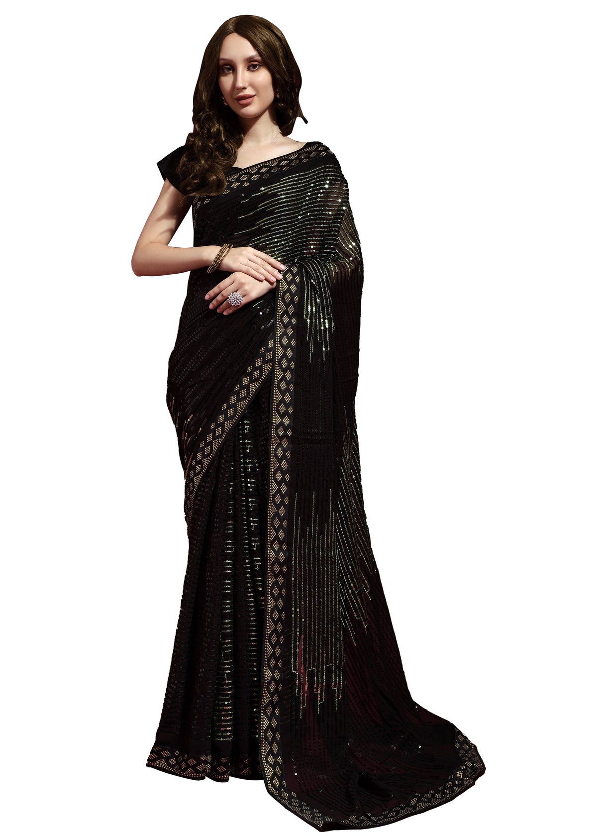 Black Faux Georgette Sequin Embroidery Saree