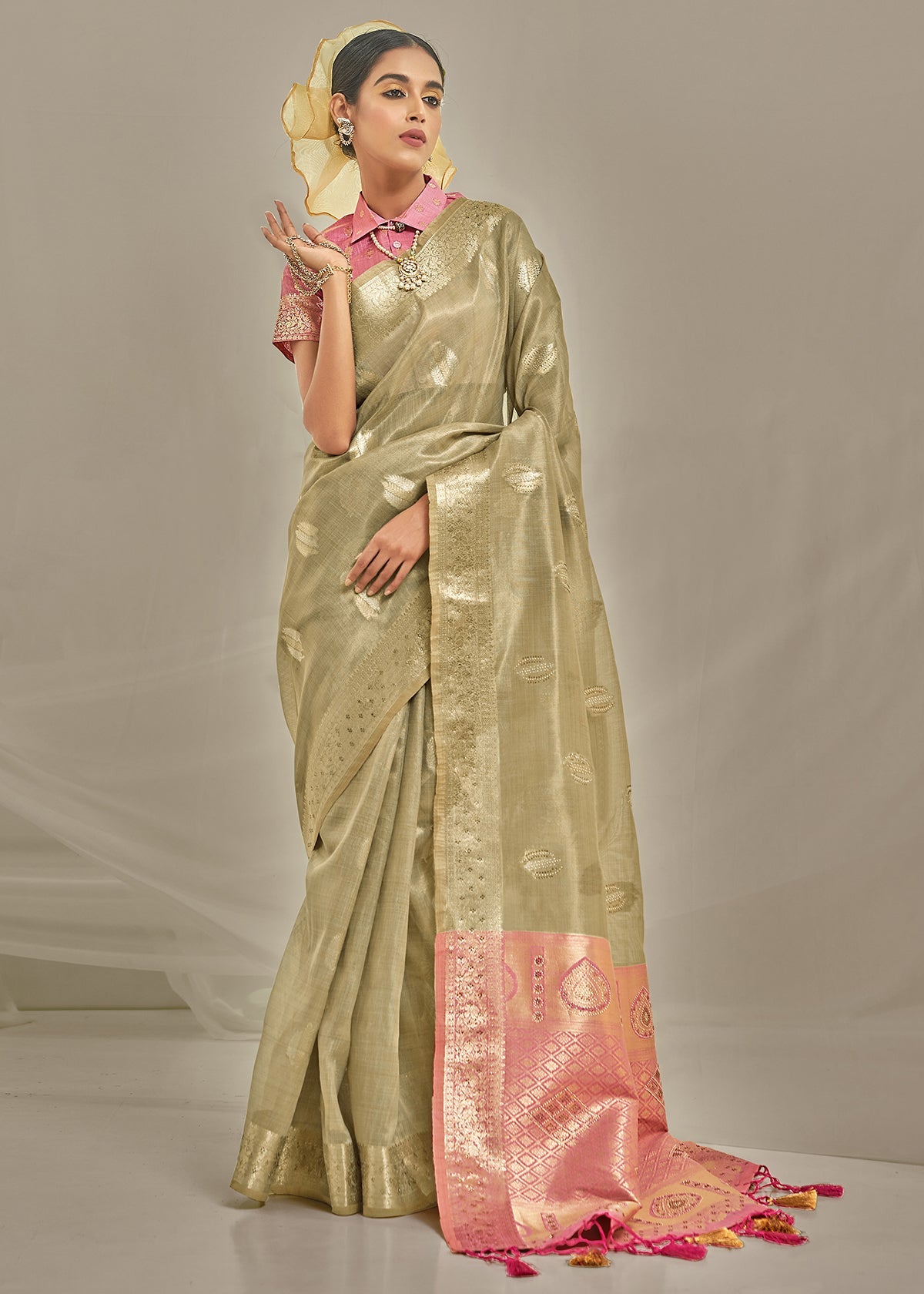 Olive Green Art Silk Woven Saree