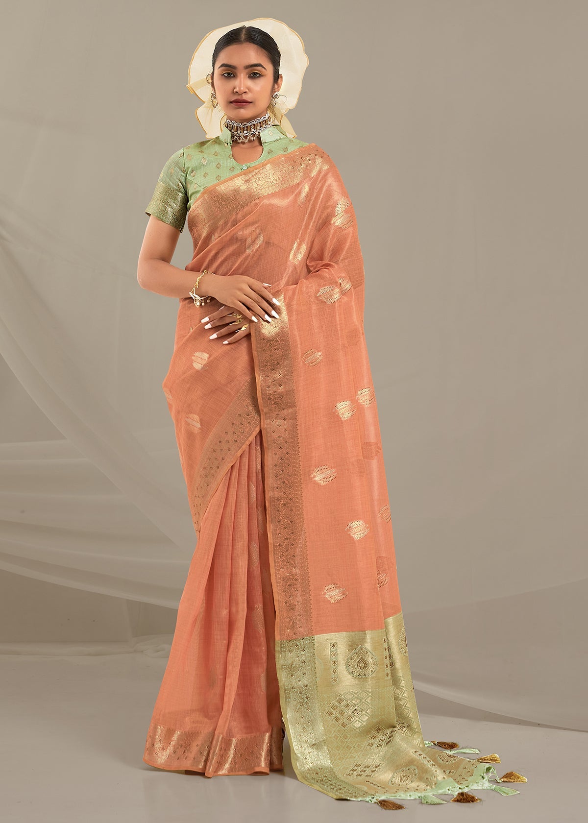 Peach Art Silk Woven Saree