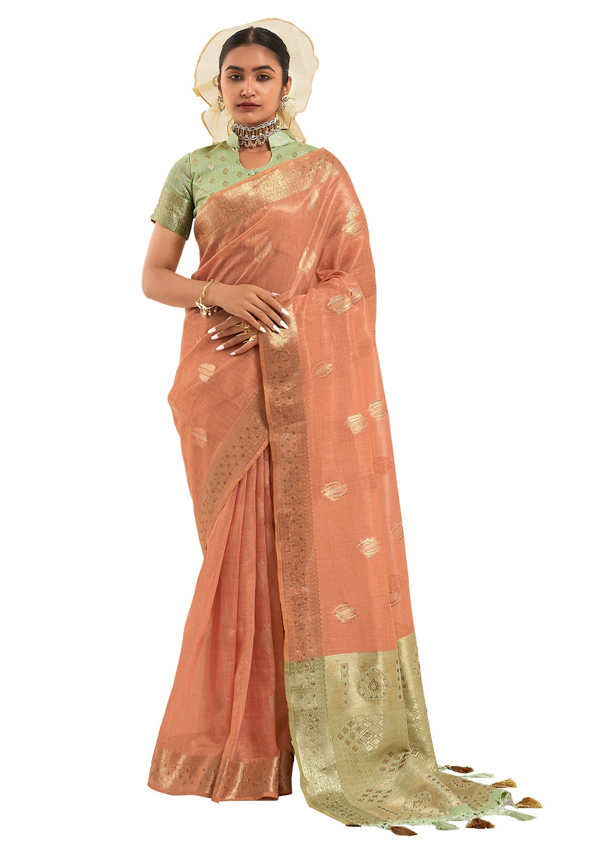 Peach Art Silk Woven Saree