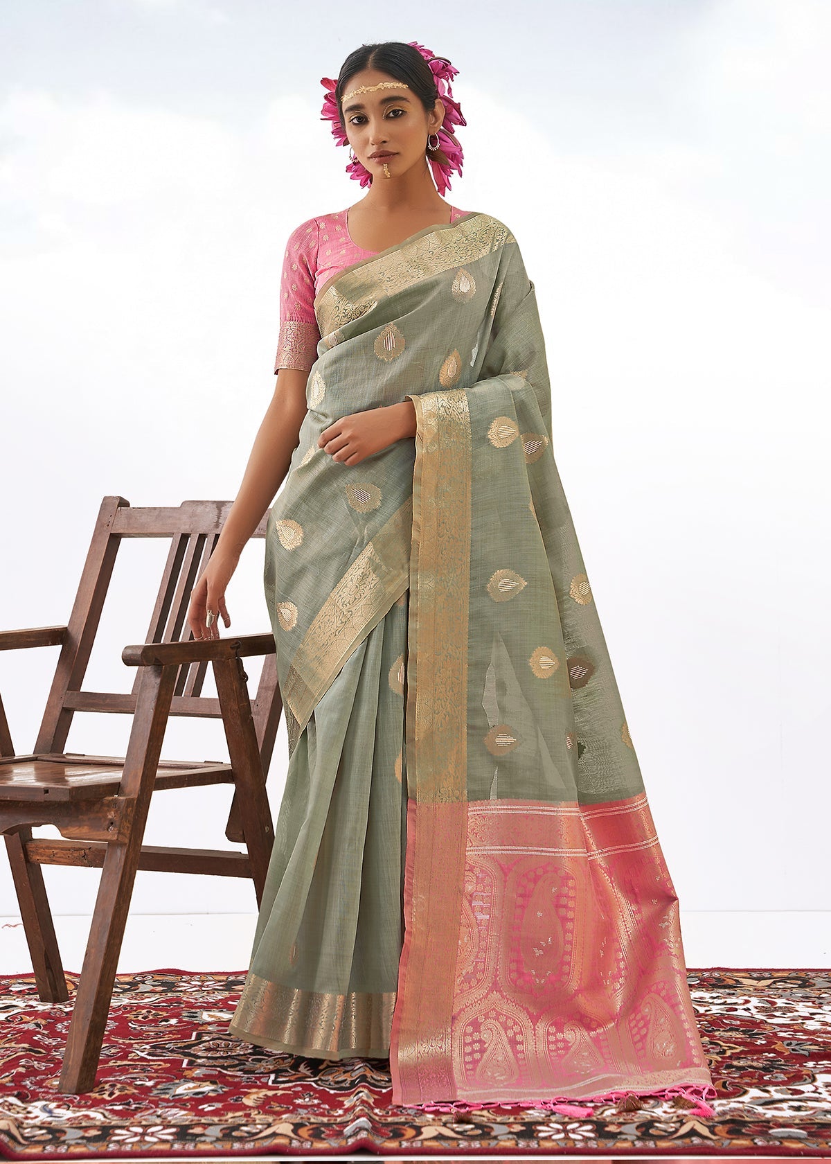 Grey Art Silk Woven Saree