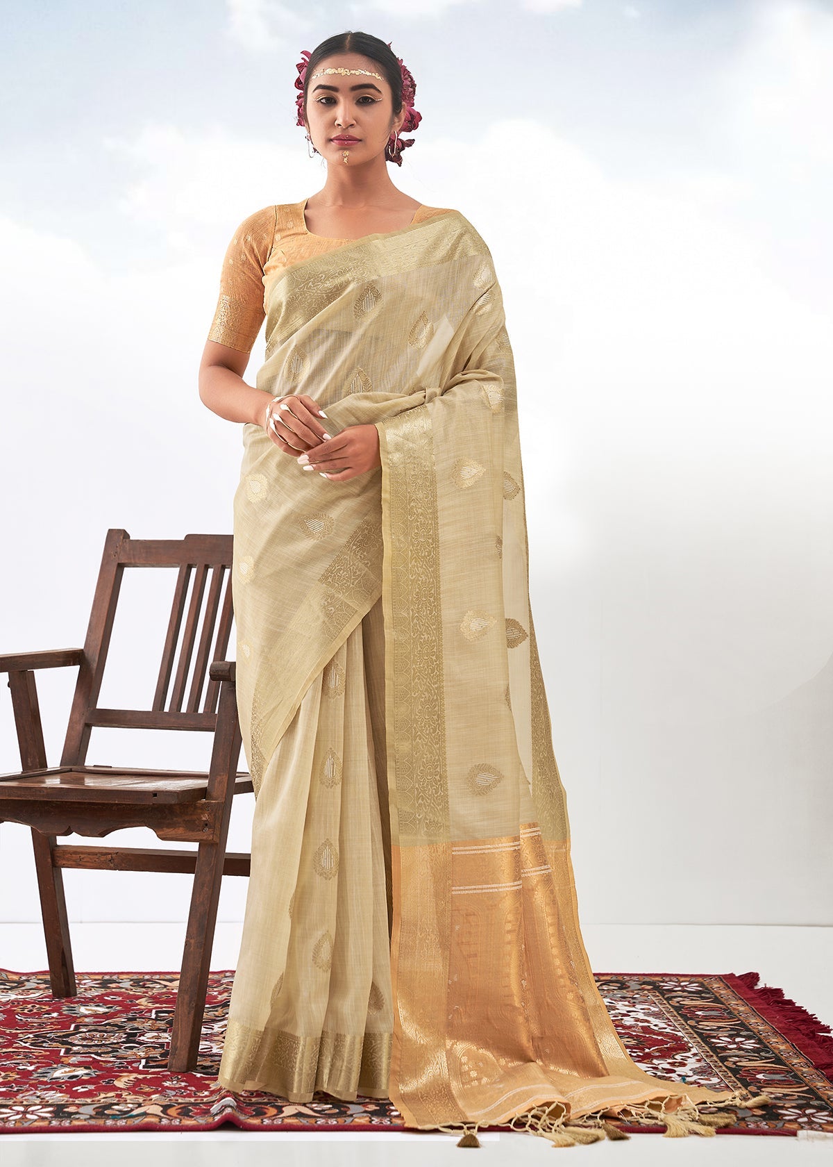 Cream Art Silk Woven Saree