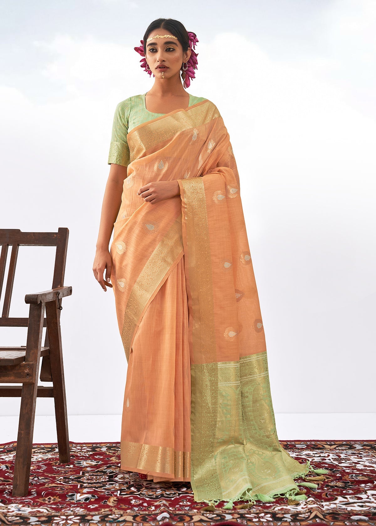 Peach Art Silk Woven Saree